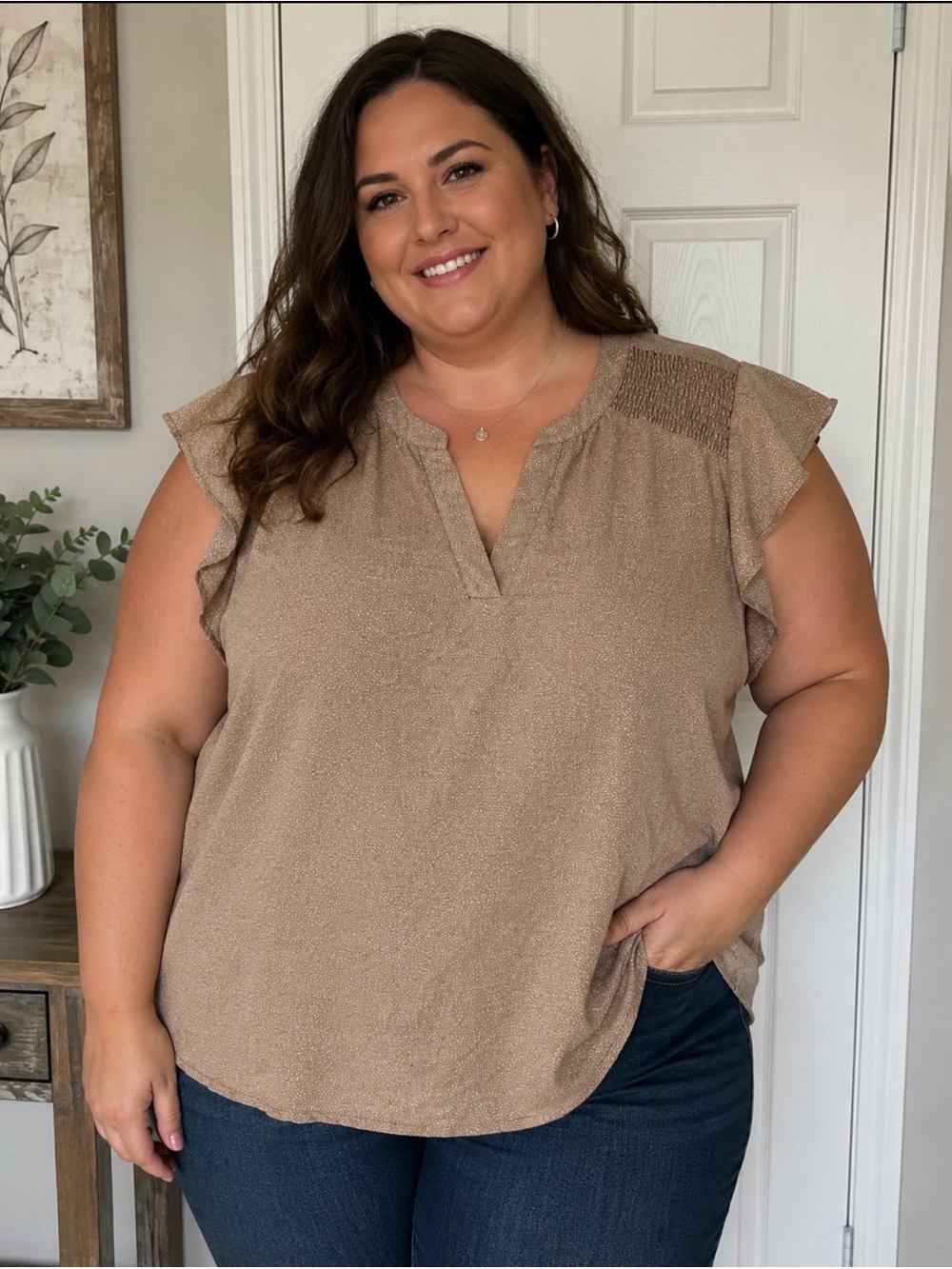 Adrianna Papell Women’s 3x Ruffle Sleeve V-Neck Top in Taupe, Feminine Workwear